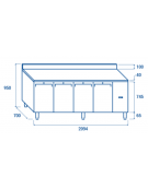 Tavolo GN1/1 refrigerato in acciaio inox 4 porte, ventilato -2°/+8°C, con alzatina e motore remoto (escluso) - cm 209,4x70x95h