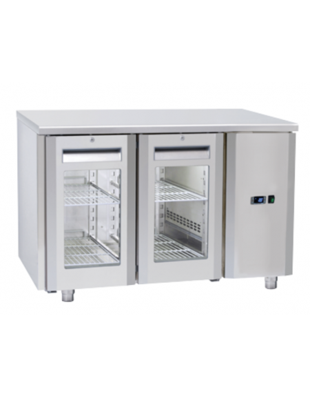 Tavolo GN1/1 refrigerato in acciaio inox 2 porte a vetro con motore remoto (escluso) - ventilato +3°/+10°C - cm 122,2x70x85h