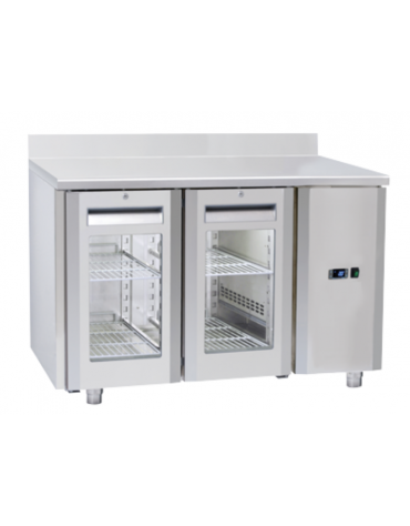 Tavolo GN1/1 refrigerato inox 2 porte a vetro con alzatina e motore remoto (escluso) - ventilato +3°/+10°C - cm 122,2x70x95h