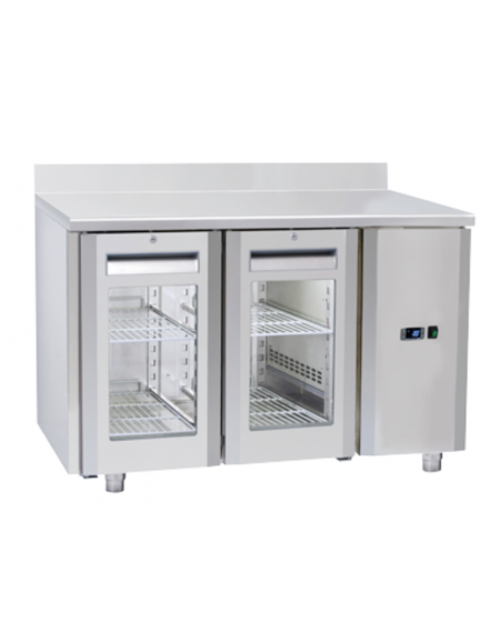 Tavolo GN1/1 refrigerato inox 2 porte a vetro con alzatina e motore remoto (escluso) - ventilato +3°/+10°C - cm 122,2x70x95h
