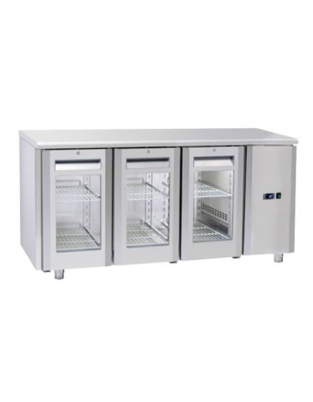 Tavolo GN1/1 refrigerato in acciaio inox 3 porte a vetro con motore remoto (escluso) - ventilato +3°/+10°C - cm 165,5x70x85h
