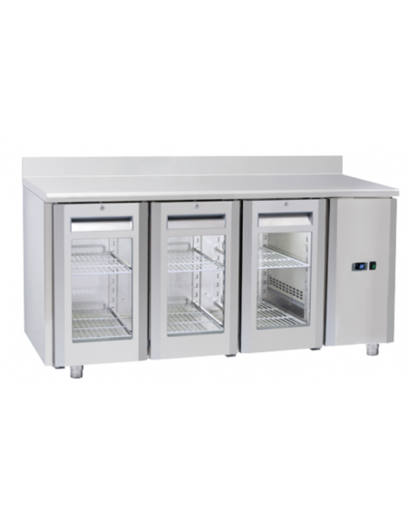 Tavolo GN1/1 refrigerato inox 2 porte a vetro con alzatina e motore remoto (escluso) - ventilato +3°/+10°C - cm 165,5x70x95h