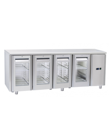 Tavolo GN1/1 refrigerato in acciaio inox 4 porte a vetro con motore remoto (escluso) - ventilato +3°/+10°C - cm 209,4x70x85h