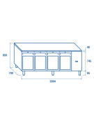 Tavolo GN1/1 refrigerato in acciaio inox 4 porte a vetro con motore remoto (escluso) - ventilato +3°/+10°C - cm 209,4x70x85h