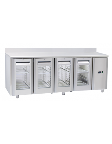 Tavolo GN1/1 refrigerato inox 4 porte a vetro con alzatina e motore remoto (escluso) - ventilato +3°/+10°C - cm 209,4x70x95h