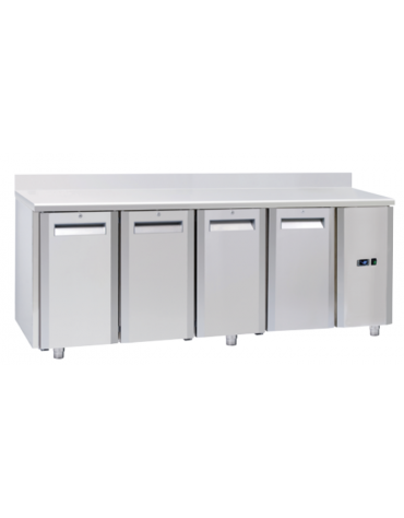 Tavolo GN1/1 refrigerato in acciaio inox 4 porte, ventilato -2°/+8°C, con alzatina e motore remoto (escluso) - cm 209,4x70x95h