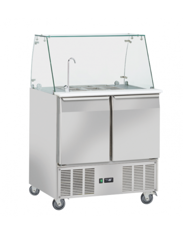 Saladette refrigerata GN1/1 inox 2 sportelli con top apribile, rubinetto e 9 vaschette GN 1/6 in PVC - cm 90x70x138,5h