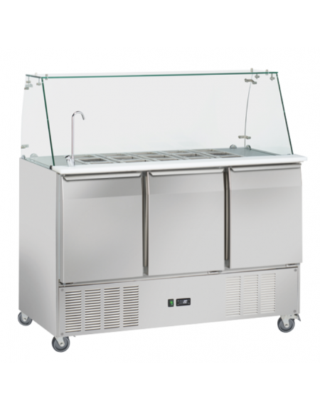 Saladette refrigerata GN1/1 inox 3 sportelli con top apribile, rubinetto e 15 vaschette GN 1/6 in PVC - cm 136,5x70x138,5h