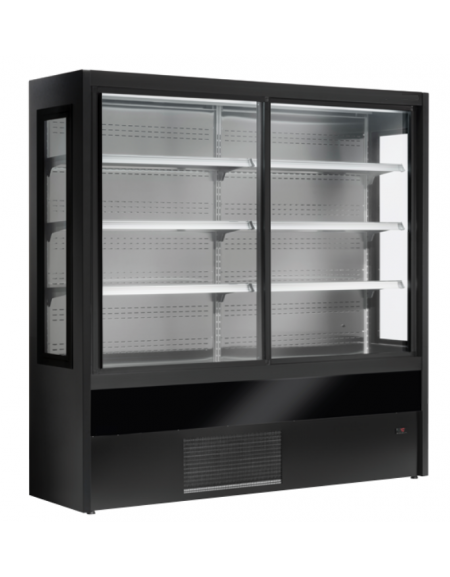 Murale refrigerato, porte scorrevoli, zona esposizione in acciaio inox - Lt 551 - colore nero - +0°/+2°C - cm 150x57x200h