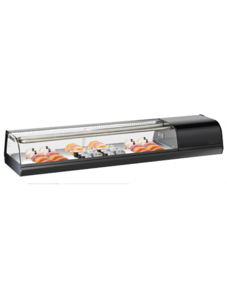 Vetrina orrizontale refrigerata statica per sushi con vetro curvo ed esterno in alluminio verniciato nero - cm 144,7x38,7x24h