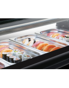 Vetrina orrizontale refrigerata statica per sushi con vetro curvo ed esterno in alluminio verniciato nero - cm 179,7x38,7x24h
