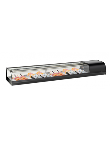 Vetrina orrizontale refrigerata statica per sushi con vetro curvo ed esterno in alluminio verniciato nero - cm 179,7x38,7x24h