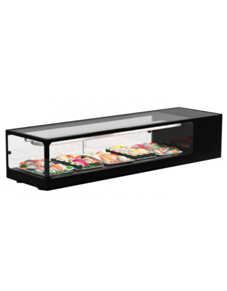 Vetrina orrizontale refrigerata statica per sushi con vetro squadrato ed esterno in alluminio verniciato nero - cm 132x38x30h