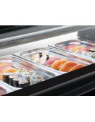 Vetrina orrizontale refrigerata statica per sushi con vetro squadrato ed esterno in alluminio verniciato nero - cm 132x38x30h