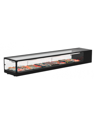 Vetrina orrizontale refrigerata statica per sushi con vetro squadrato ed esterno in alluminio verniciato nero - cm 168x38x30h