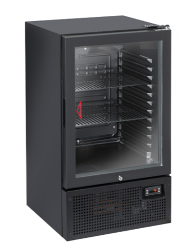 Frigobar con porta in vetro - esterno in lamiera verniciata nera - refrigerazione Roll-Bond con ventilatore - cm 48,8x50,6x84h