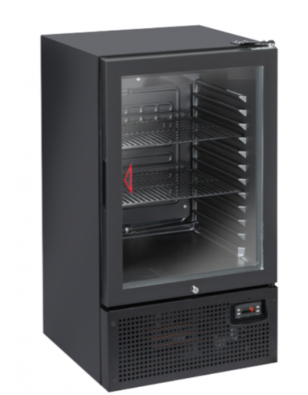 Frigobar con porta in vetro - esterno in lamiera verniciata nera - refrigerazione Roll-Bond con ventilatore - cm 48,8x50,6x84h