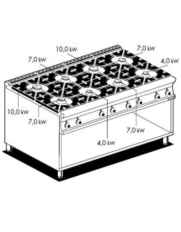 Cucina professionale 8 fuochi su armadio aperto cm 160x90x85h