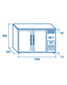 Frigorifero sottobanco per bibite, 2 porte a battente con motore laterale - Refrigerazione ventilata +2°/+8°C - cm 146x53,5x86h