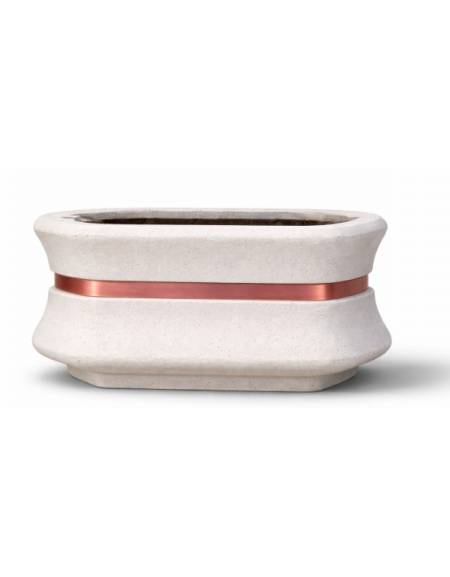 Fioriera in cemento calcestruzzo ovale colore Bianco pietra - con fascia color rame - cm 100x60x65h - conforme ai CAM