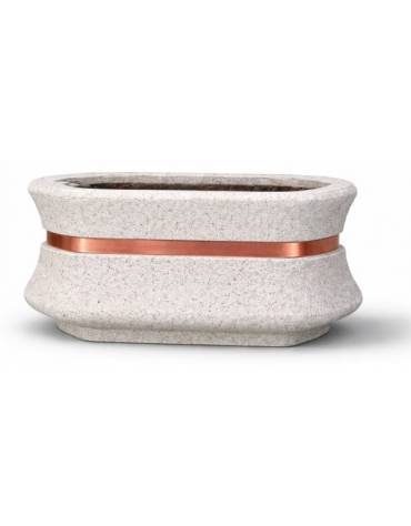 Fioriera in cemento calcestruzzo ovale colore Bianco sabbiato - con fascia color rame - cm 100x60x65h - conforme ai CAM