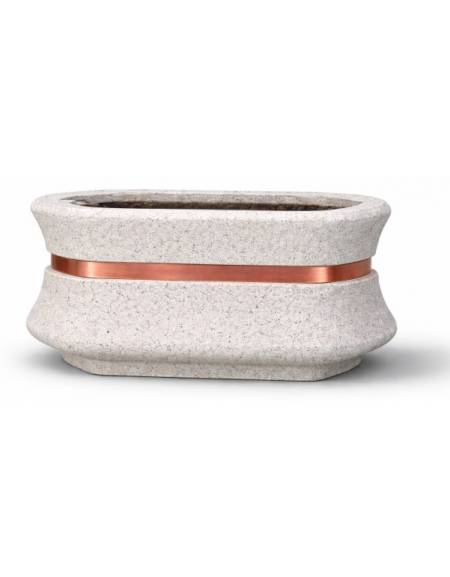 Fioriera in cemento calcestruzzo ovale colore Bianco sabbiato - con fascia color rame - cm 100x60x65h
