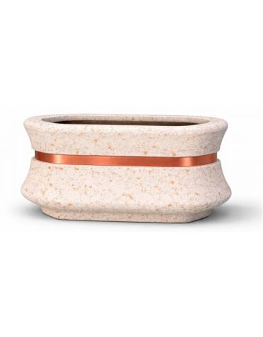 Fioriera ovale in cemento calcestruzzo colore Bianco travertino - con fascia color rame - cm 100x60x65h