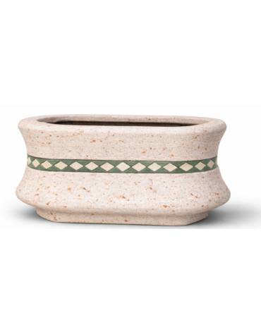 Fioriera ovale in cemento calcestruzzo colore Bianco travertino - con greca decorativa - cm 100x60x65h - Conforme ai CAM