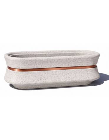Fioriera ovale in cemento calcestruzzo colore Bianco sabbiato - con fascia color rame - cm 130x60x65h - Conforme ai CAM