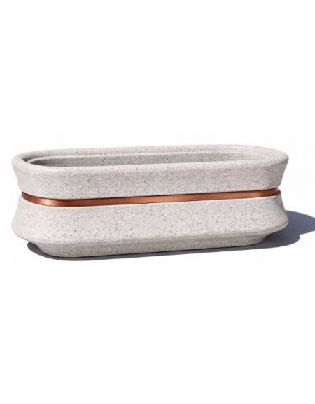 Fioriera ovale in cemento calcestruzzo per esterno colore Bianco sabbiato - con fascia color rame - cm 130x60x65h