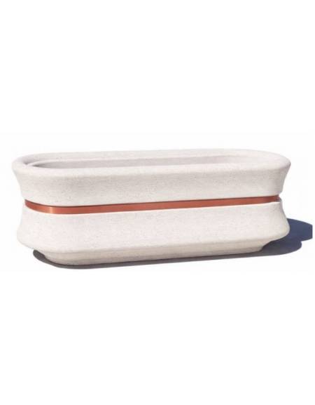 Fioriera ovale in cemento calcestruzzo per esterno - colore Bianco pietra - con fascia color rame - cm 170x60x65h