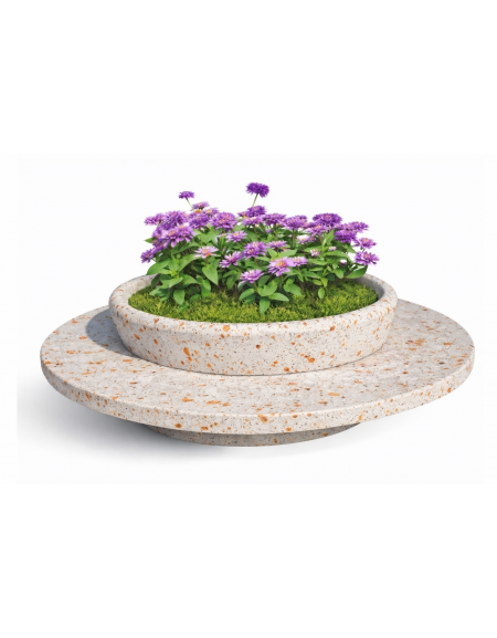 PANCHINA TONDA IN CEMENTO CON FIORIERA CENTRALE - COLORE BIANCO TRAVERTINO  - DIAMETRO ESTERNO CM 240