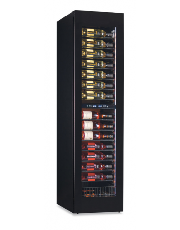 Vetrina per vini slim con 2 temperature differenziate +2°+12°/ +12°+20° - CLASSE G -Capacità N°105 bottiglie -cm 45x70x180,4 h