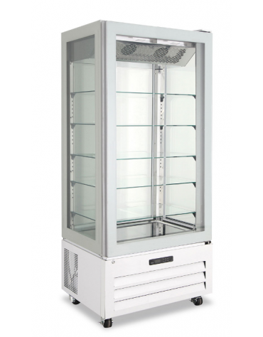 Vetrina Pasticceria ventilata no frost +2°/+8°C con 4 lati in vetro - colore bianco - 1 porta - capacità 450 Lt - cm 85x65x195h