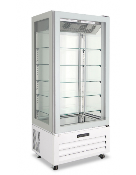 Vetrina Pasticceria ventilata no frost +2°/+8°C con 4 lati in vetro - colore bianco - 1 porta - capacità 450 Lt - cm 85x65x195h