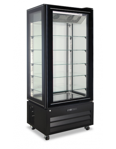 Vetrina Pasticceria ventilata no frost +2°/+8°C con 4 lati in vetro - colore nero - 1 porta - capacità 450 Lt - cm 85x65x195h