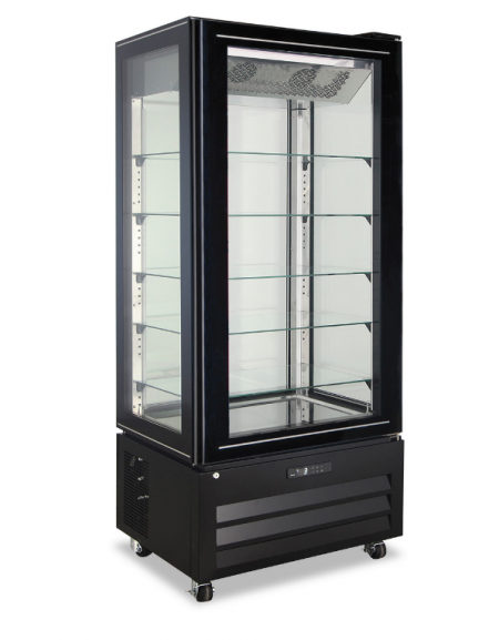 Vetrina Pasticceria ventilata no frost +2°/+8°C con 4 lati in vetro - colore nero - 1 porta - capacità 450 Lt - cm 85x65x195h