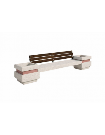 Panchina con 2 fioriere laterali seduta liscia in cemento - colore Bianco pietra - con schienale in legno - cm 310x60x90h