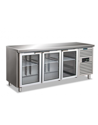 Tavolo refrigerato 3 ante in acciaio inox AISI 304, con porte vetro - ventilato +2°/+8°C - Classe C - cm 179,5x70x86h