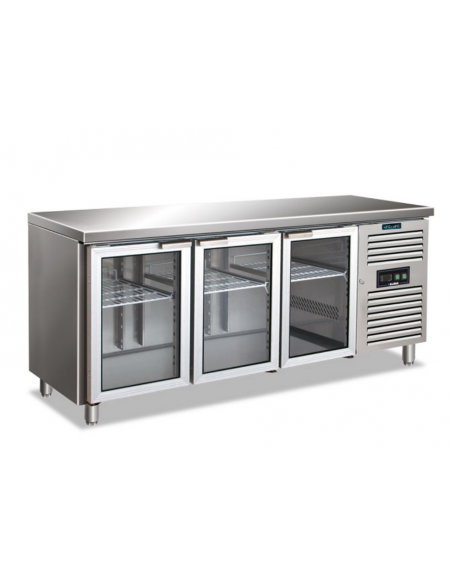 Tavolo refrigerato 3 ante in acciaio inox AISI 304, con porte vetro - ventilato +2°/+8°C - Classe C - cm 179,5x70x86h