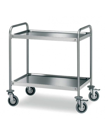 Carrello di servizio con 2 ripiani stampati - inox 18/10, tubo tondo - cm 80,8x69x90h, Portata kg 85