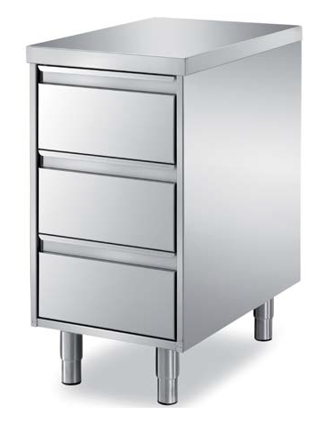 Cassettiera gastronorm in acciaio inox AISI 304 a 3 cassetti, senza ripiano - Dimensioni mm 645x690x810h