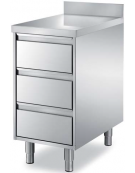 Cassettiera gastronorm in acciaio inox AISI 304 a 3 cassetti, con ripiano e alzatina - Dimensioni mm 650x700x850h
