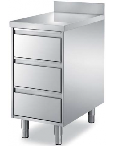 Cassettiera gastronorm in acciaio inox AISI 304 a 3 cassetti, con ripiano e alzatina - Dimensioni mm 650x700x850h