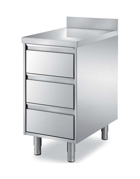 Cassettiera gastronorm in acciaio inox AISI 304 a 3 cassetti, con ripiano e alzatina - Dimensioni mm 650x700x850h