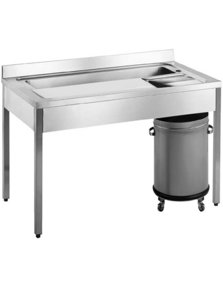 TAVOLO LAVAVERDURE INOX AISI 304 CON PATTUMIERA CARRELLATA - MM 1300x700x850H