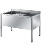 Lavatoio per lavaggio pentole in inox AISI 304 con gambe quadre - 1 vasca cm 106x50x37,5h - con griglia - cm 120x70x85h