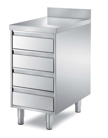Cassettiera gastronorm in acciaio inox AISI 304 a 4 cassetti - con ripiano e alzatina - Dimensioni mm 450x700x850h