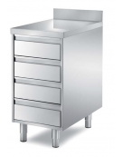 Cassettiera gastronorm in acciaio inox AISI 304 a 4 cassetti, con ripiano e alzatina - Dimensioni mm 650x700x850h