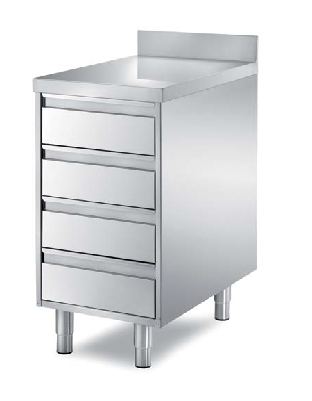 Cassettiera gastronorm in acciaio inox AISI 304 a 4 cassetti, con ripiano e alzatina - Dimensioni mm 650x700x850h